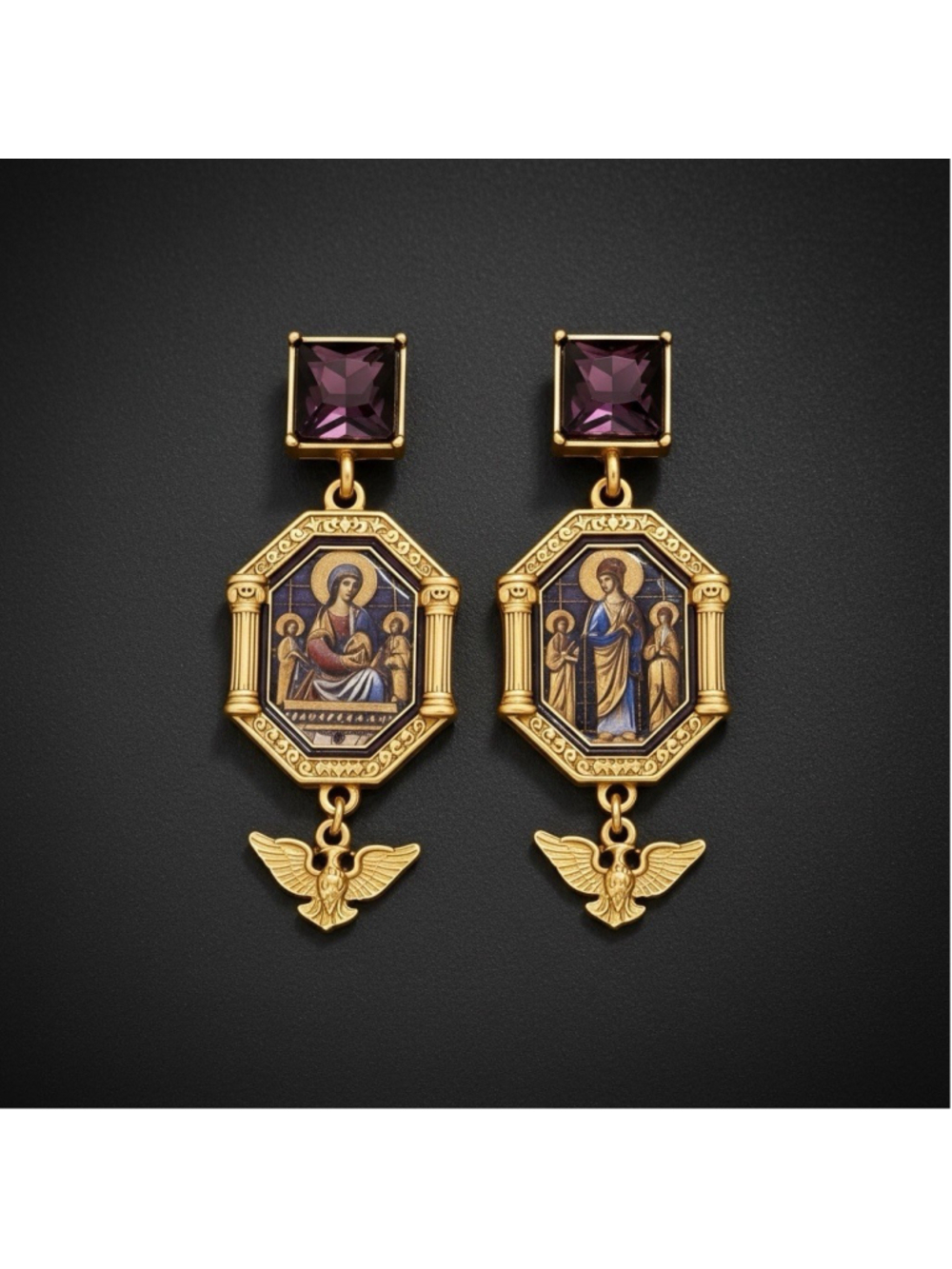 Byzantine Religious Icon Earrings Antique Bird Museum Gold Cross VTG Roman CZ